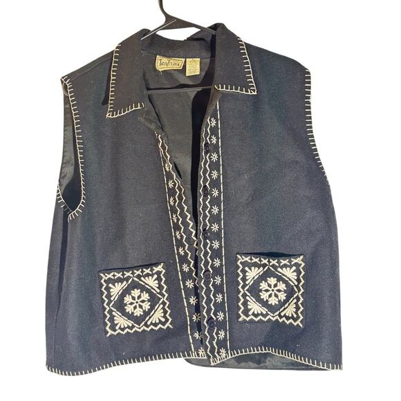 TanTrums Black Wool Blend Embroidered Vest XL Western Boho Button Front Folk - Picture 1 of 4
